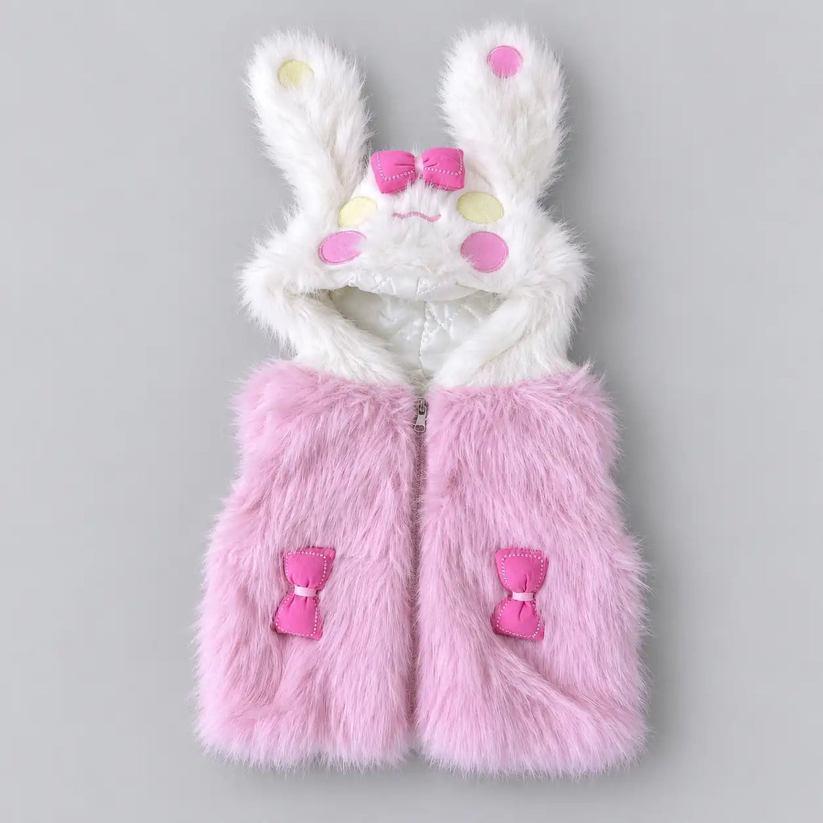 Girls pink faux fur bunny hooded winter vest with white fluffy ears, pink bows and front zipper