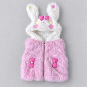 Girls pink faux fur bunny hooded winter vest with white fluffy ears, pink bows and front zipper