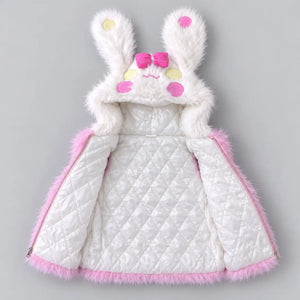Girls pink bunny hooded fur vest opened to show white diamond-quilted inner lining and zipper closure