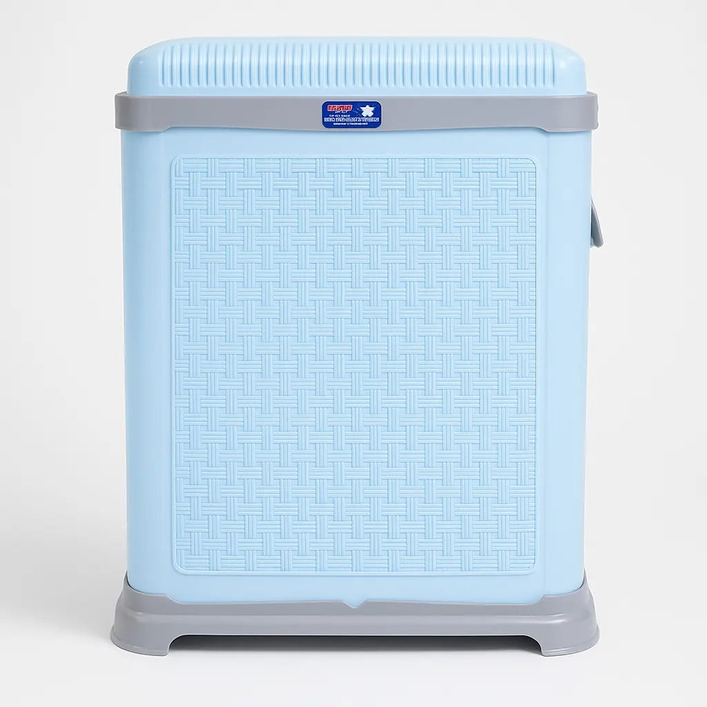 Light blue plastic laundry basket with lid open for laundry storage