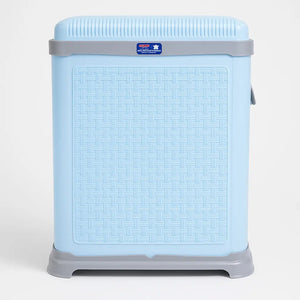 Light blue plastic laundry basket with lid open for laundry storage