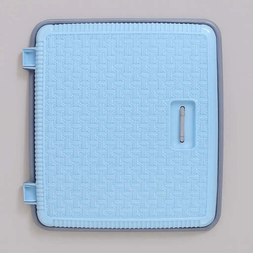 Light Blue  plastic laundry basket side view with carry handle