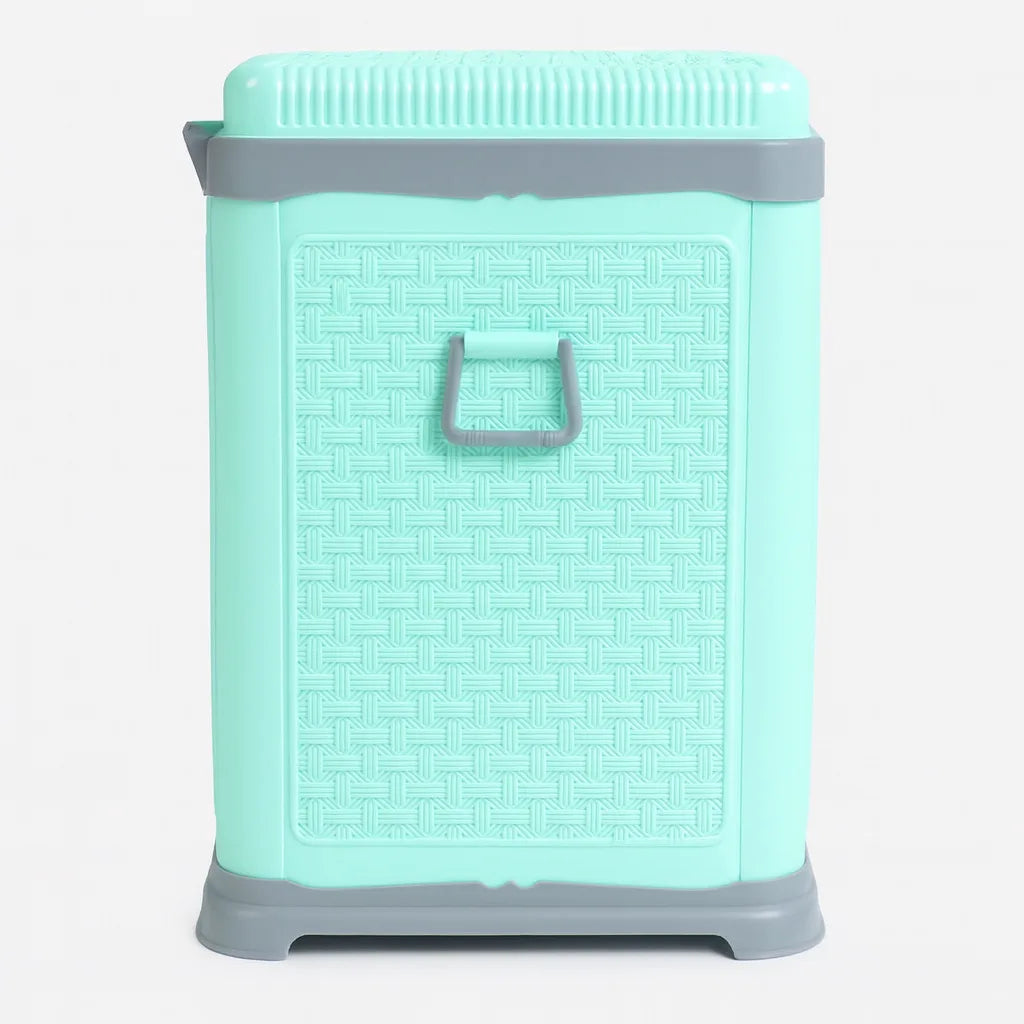 Mint green woven plastic laundry basket front view with lid
