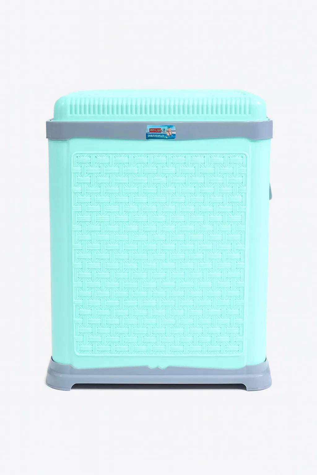 Mint green plastic laundry basket back view with woven texture