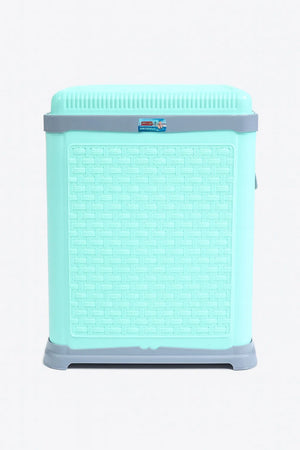 Mint green plastic laundry basket back view with woven texture