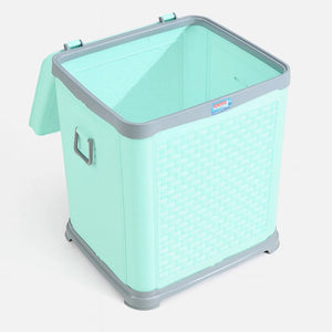 Mint green plastic laundry basket with lid for clothes storage