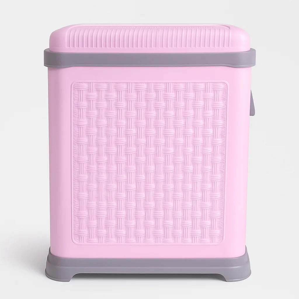 Pink plastic laundry basket front view with secure lid