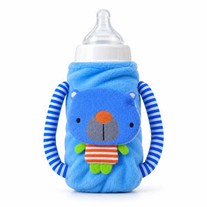 Blue baby plush feeder cover with handles featuring soft fabric and cartoon bear design