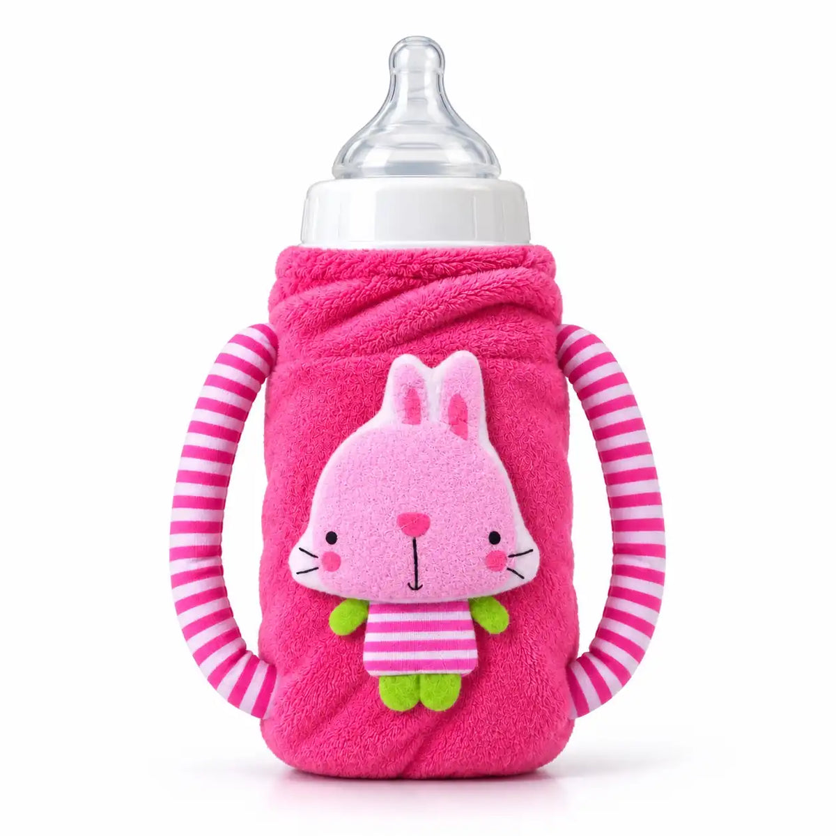 Dark pink baby plush feeder cover with handles featuring cute bunny cartoon design