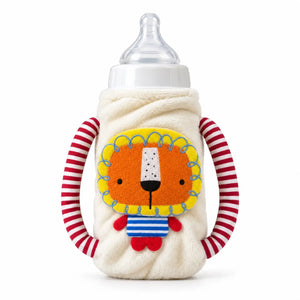 White baby plush feeder cover with red striped side handles and cartoon lion design