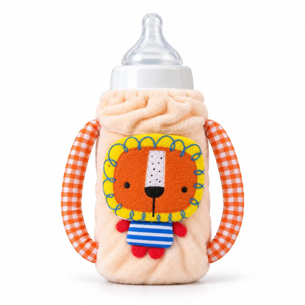 Peach baby plush feeder bottle cover with orange checkered handles and cartoon lion
