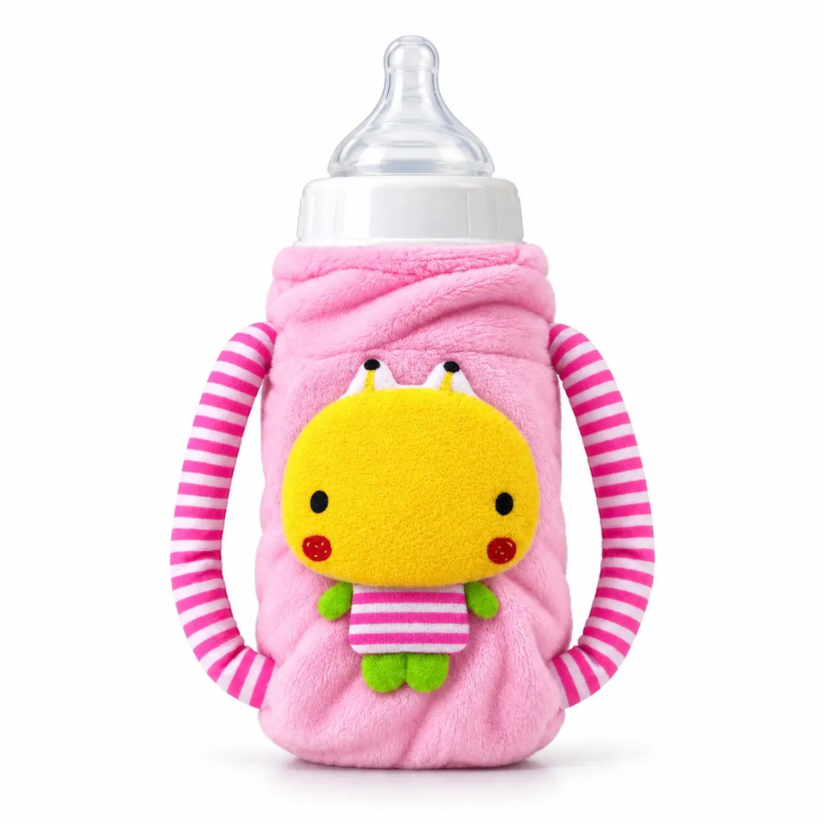Light pink baby plush feeder bottle cover with striped handles and yellow cartoon character 
