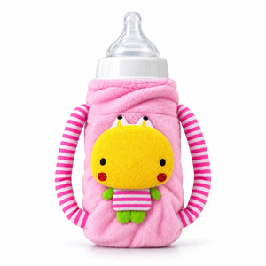 Light pink baby plush feeder bottle cover with striped handles and yellow cartoon character 