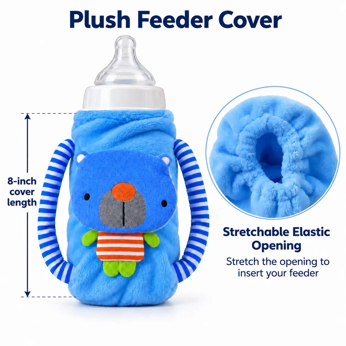 Baby plush feeder cover showing 8 inch length and stretchable elastic opening for feeding bottle