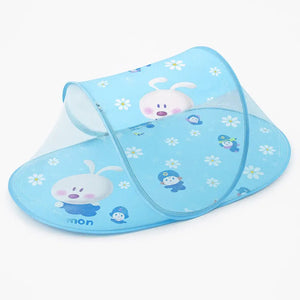 Sky blue foldable baby mosquito net with bunny print and breathable mesh