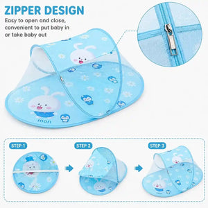 Sky blue foldable baby mosquito net zipper opening and product detail view