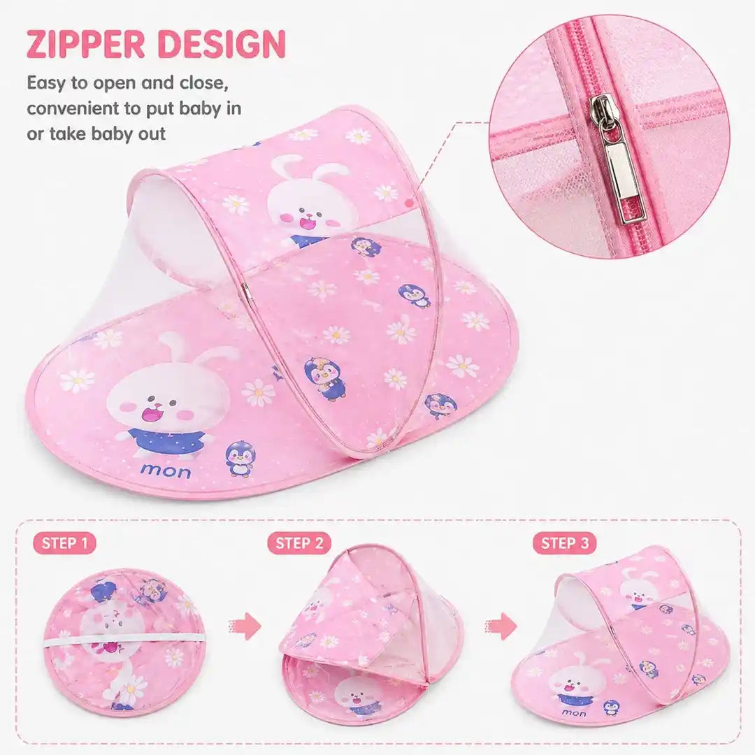 Pink foldable baby mosquito net zipper opening and product detail view