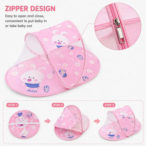 Pink foldable baby mosquito net zipper opening and product detail view