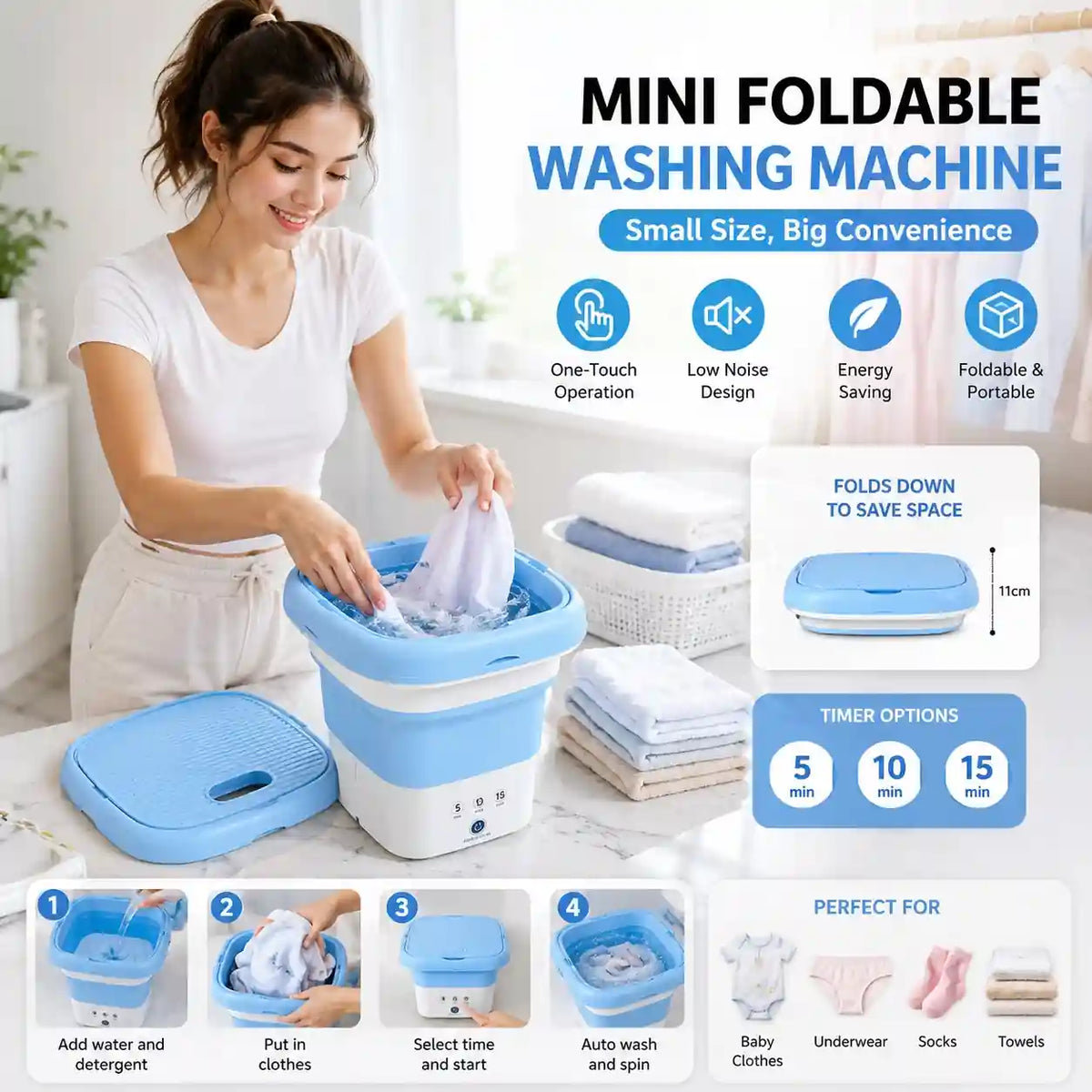 Portable 6L washer dryer compact laundry machine for baby clothes and daily essentials