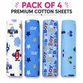 Pack of 4 premium cotton baby sheets in blue boy-theme printed designs
