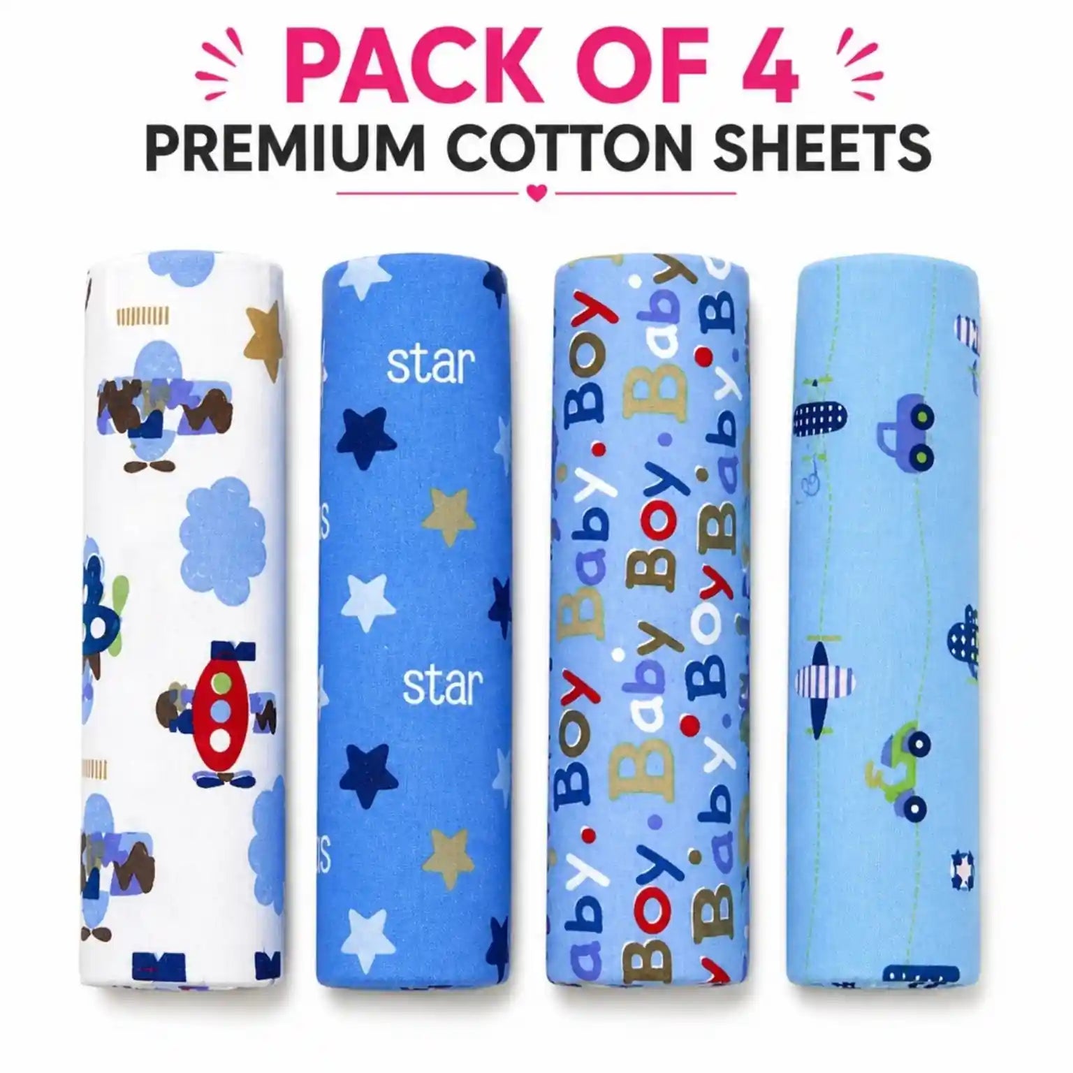 Pack of 4 premium cotton baby sheets in blue boy-theme printed designs