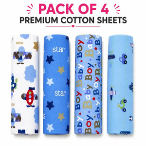 Pack of 4 premium cotton baby sheets in blue boy-theme printed designs