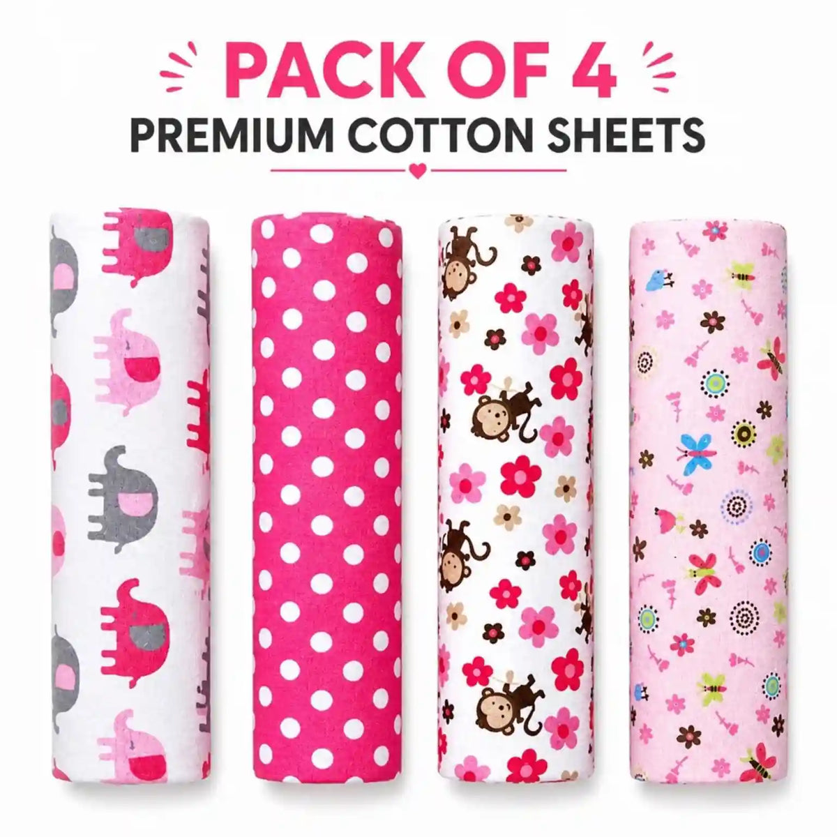 Pack of 4 premium cotton baby sheets in pink colorful girl-theme designs