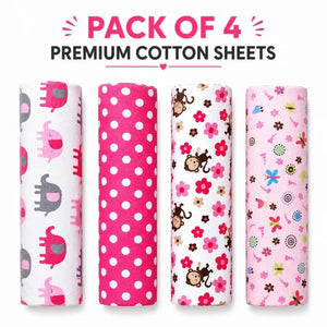 Pack of 4 premium cotton baby sheets in pink colorful girl-theme designs