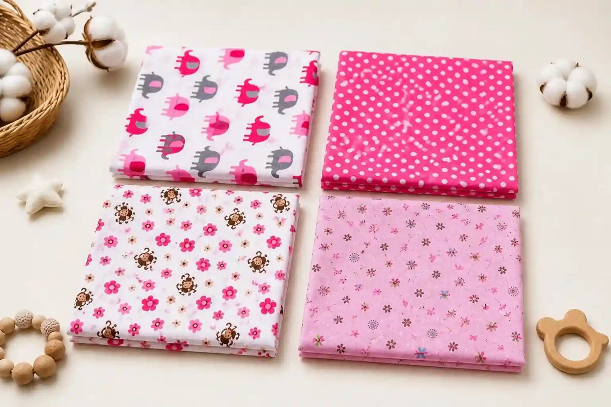 Pack of 4 pink printed premium cotton baby sheets flat lay