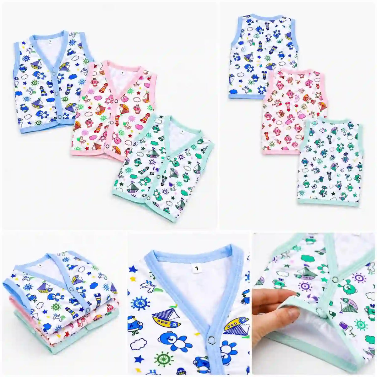 Pack of 3 lightweight baby cotton vests in multicolor printed designs
