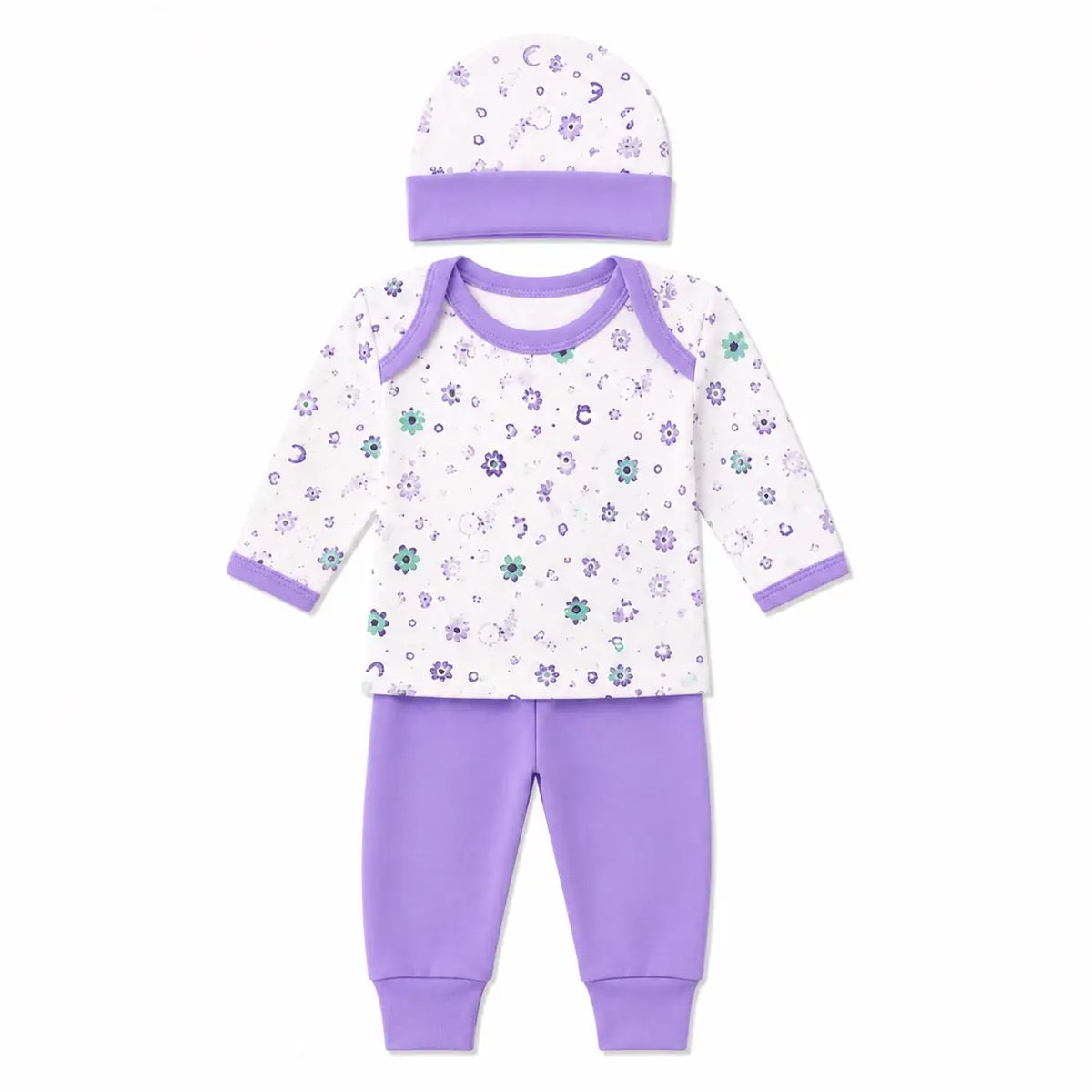 Purple floral baby 3 piece clothing set with full sleeve printed shirt, matching pants and cap