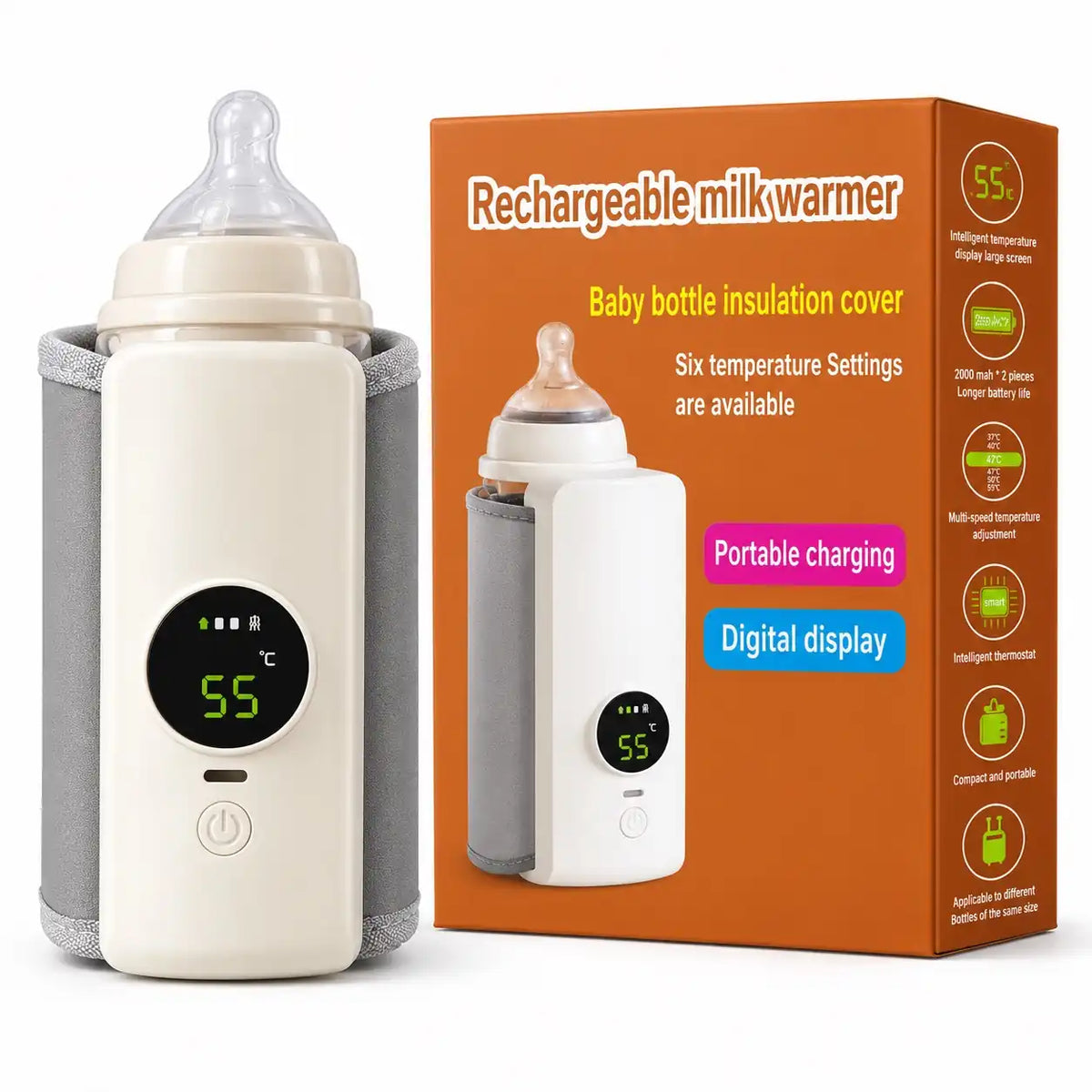 Rechargeable baby bottle warmer with digital temperature display and insulated feeder cover