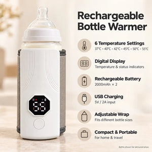 Baby bottle warmer features showing six temperature settings, digital display, rechargeable battery and adjustable wrap