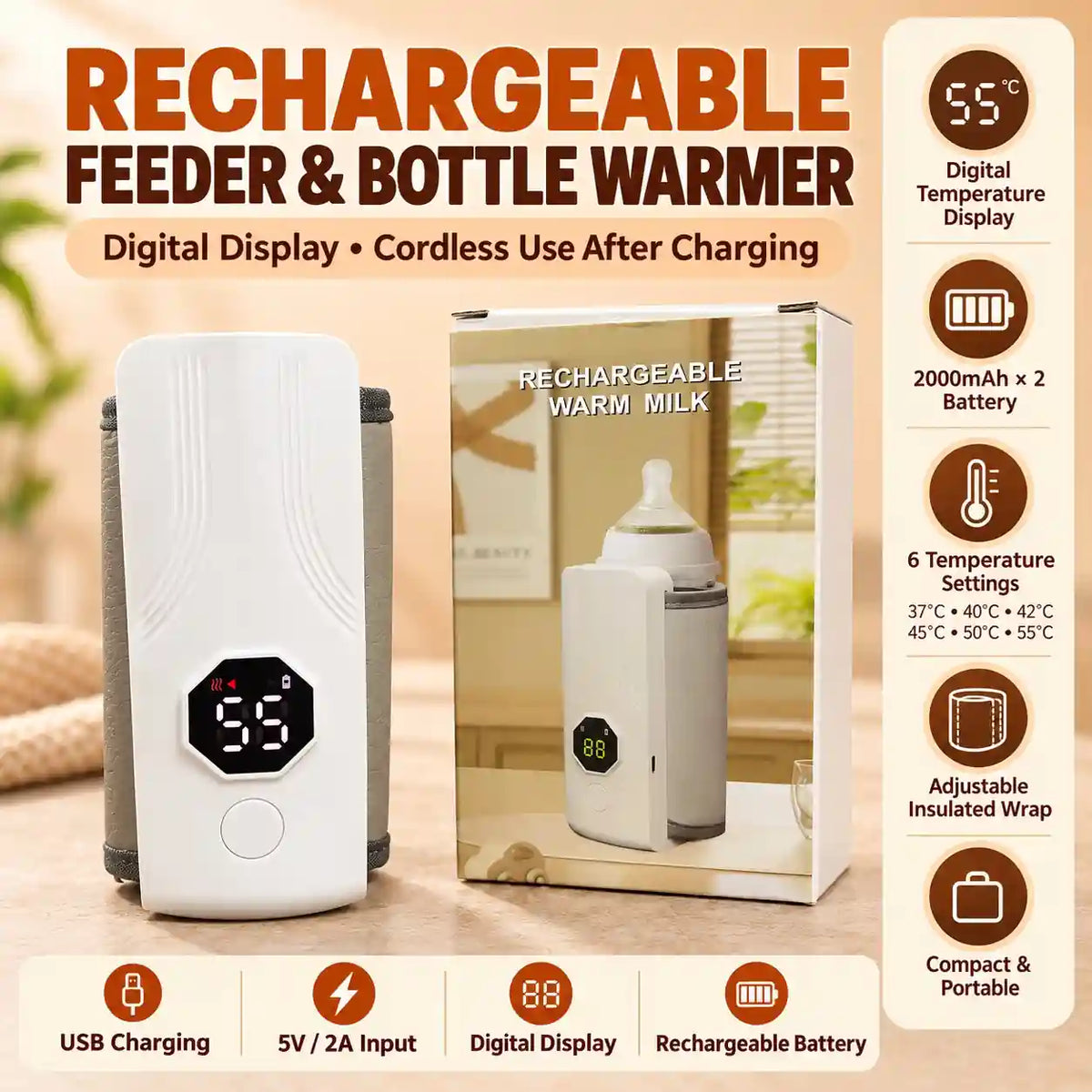 Rechargeable Baby Bottle Warmer with 6 Temperature Settings, Digital Display, USB Charging and 2000mAh × 2 Battery