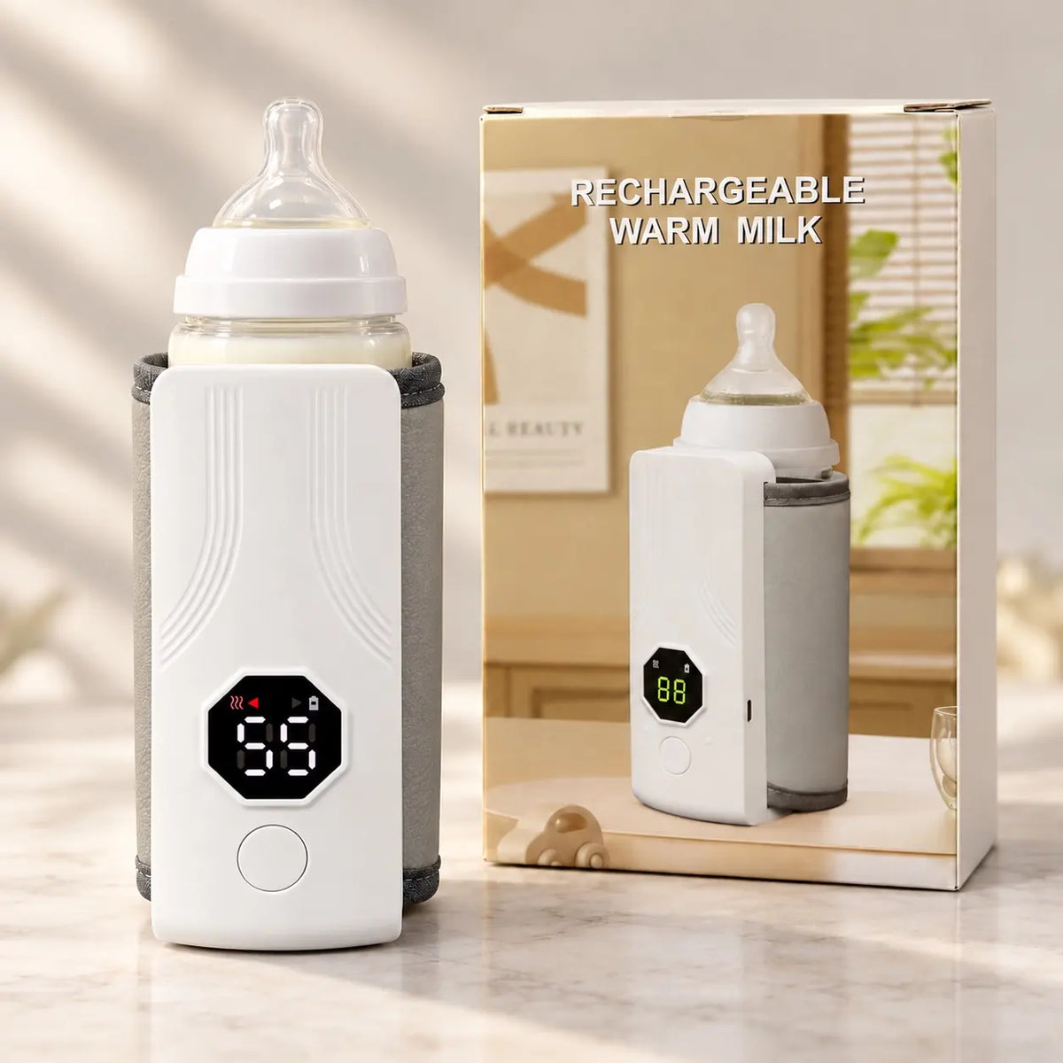 Rechargeable baby feeder and bottle warmer with digital display showing 55, feeding bottle and original retail box