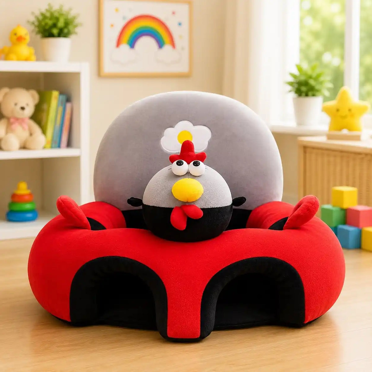 Red and grey chicken baby plush sitting support sofa with soft velvet fabric and supportive backrest
