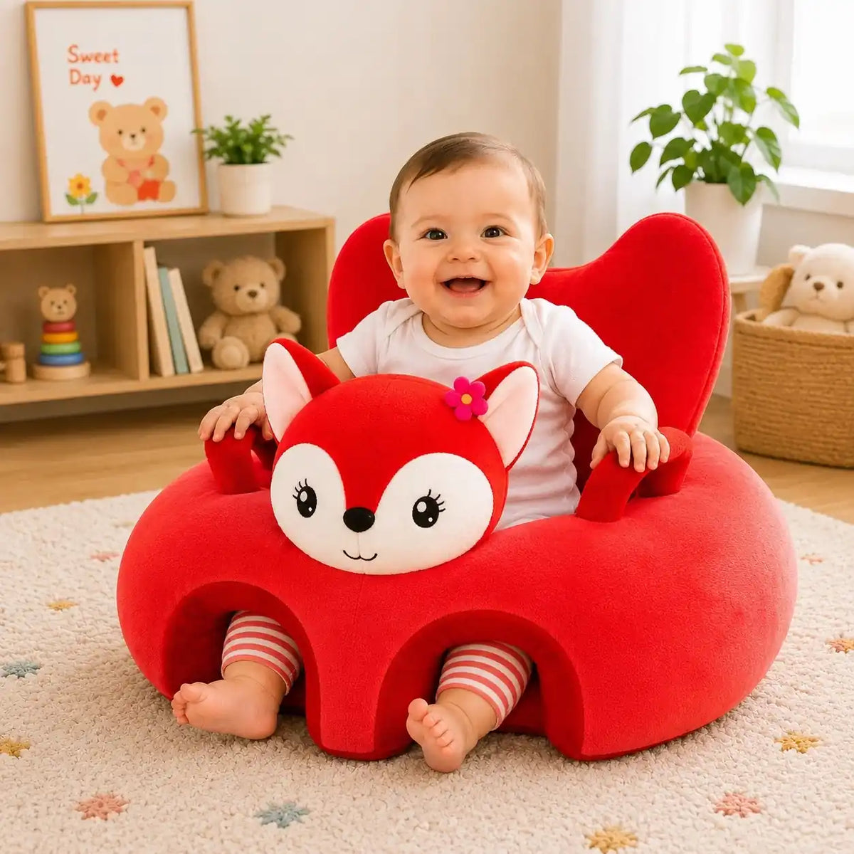 Baby sitting in red fox plush support sofa with back and side support for 6 months+