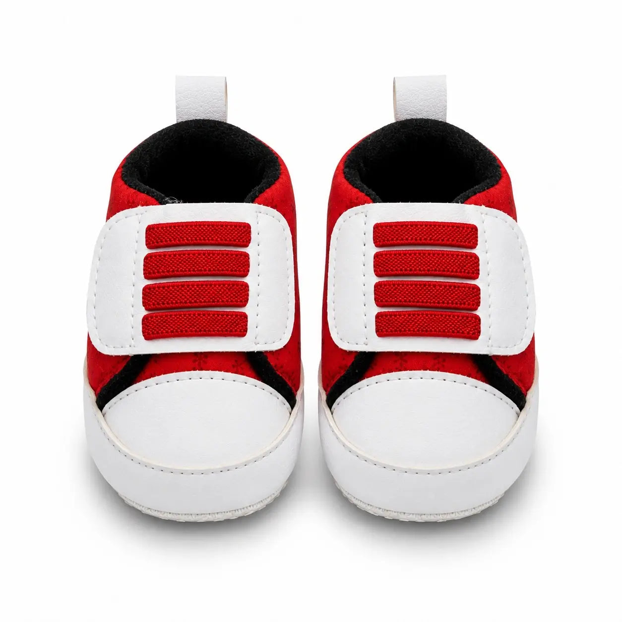 Front view of red and white baby soft sole Velcro prewalker shoes