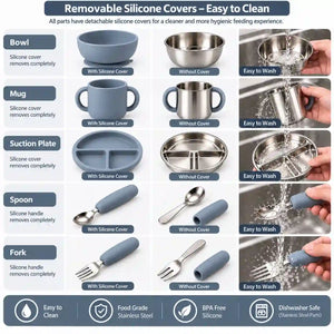 Removable silicone cover stainless steel baby feeding set with bowl, handled mug, suction plate, spoon and fork, easy to wash and clean