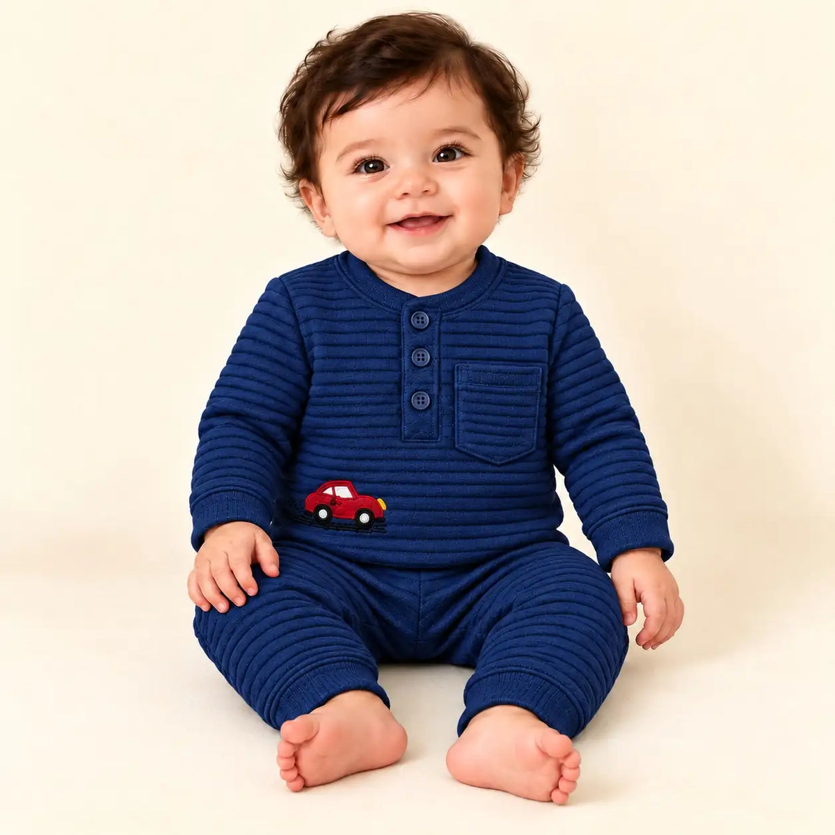 2 Piece Textured Jacquard Knit Winter Shirt & Pajama Set – Red Car Design – Navy Blue