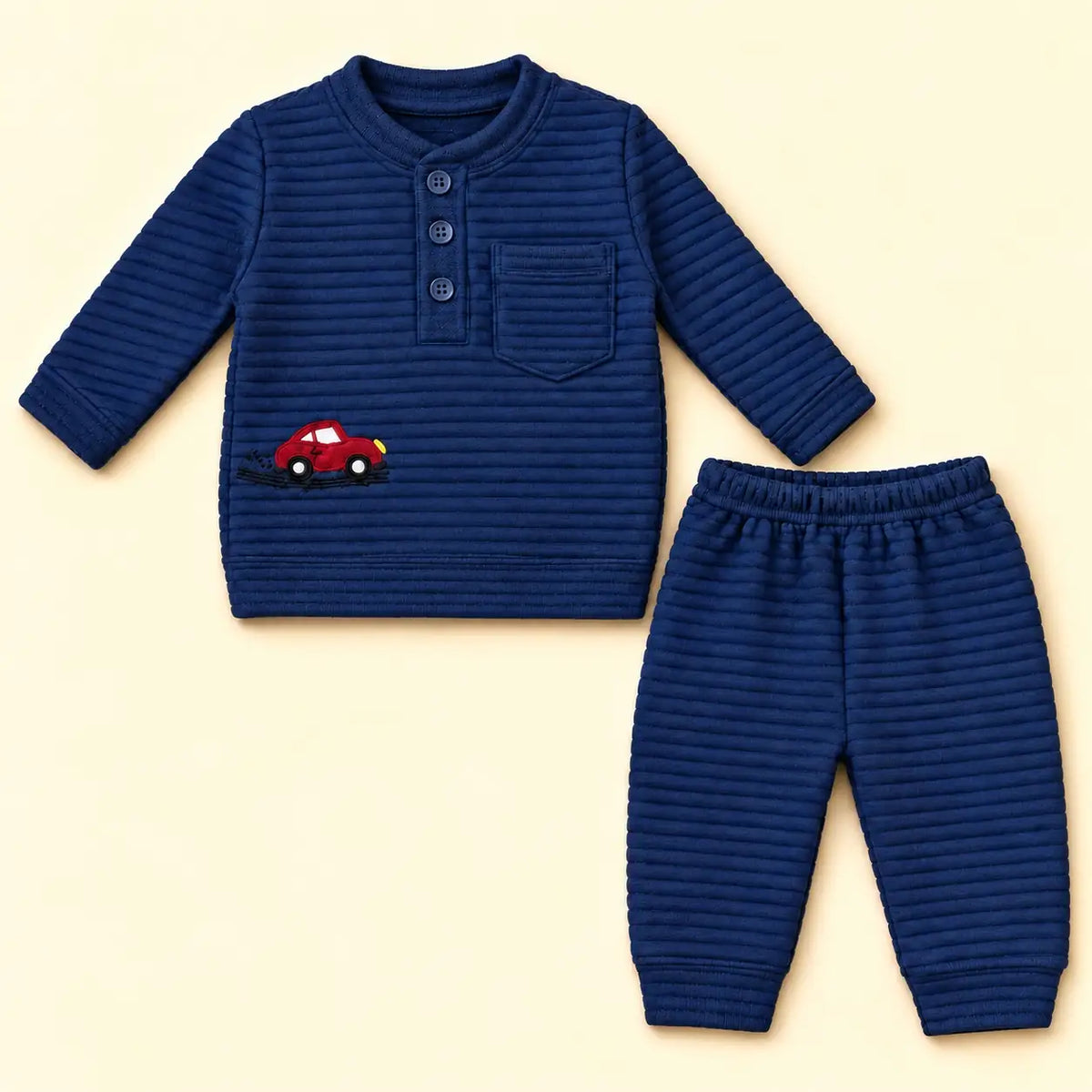 2 Piece Textured Jacquard Knit Winter Shirt & Pajama Set – Red Car Design – Navy Blue