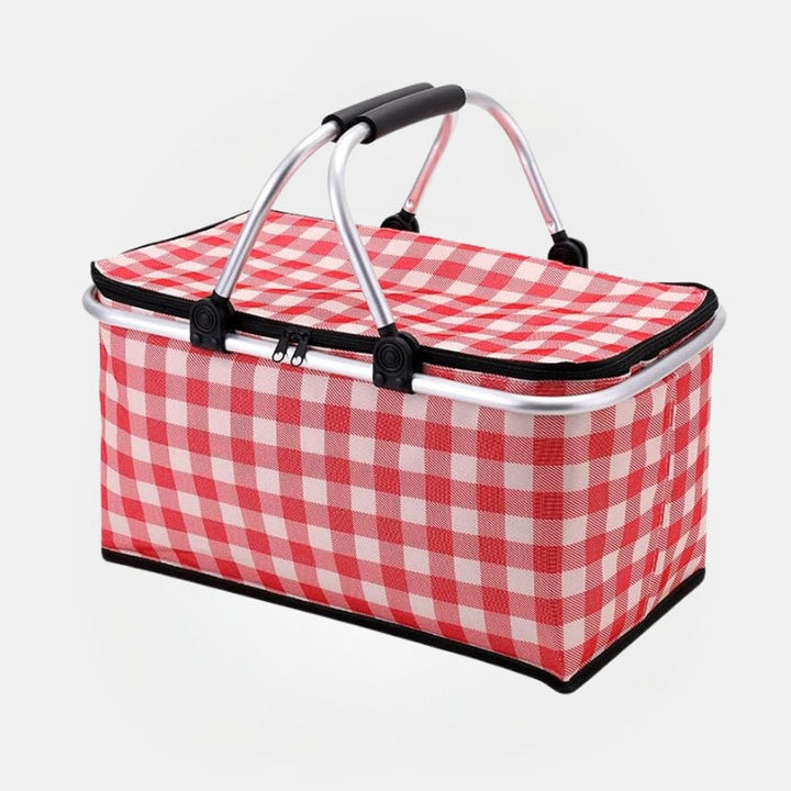 Large-capacity foldable picnic basket with insulated storage, durable fabric, and easy-carry handles for outdoor picnics and travel.