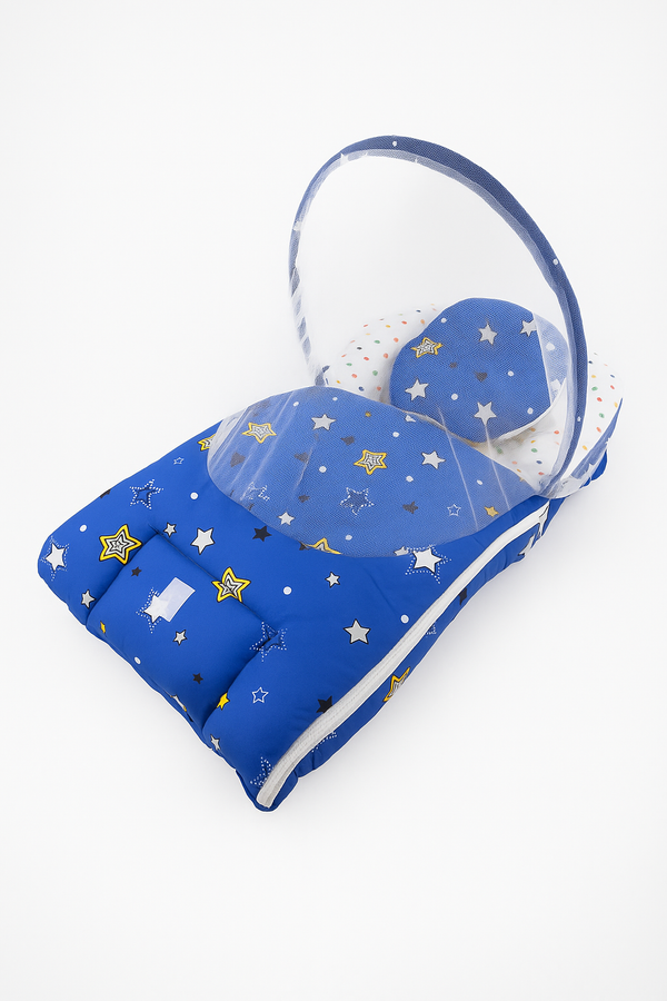 Baby Carry Nest with Pillow & Mosquito Net Blue – Soft Cotton Comfortable Newborn Sleeping Nest in Pakistan