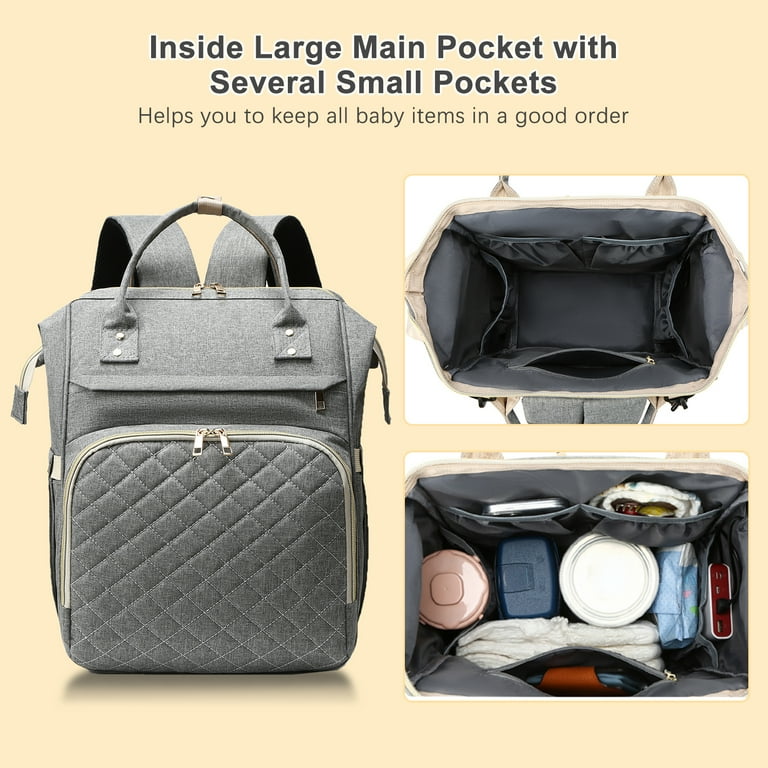 Portable Diaper Bag Large Capacity Water-resistant Travel Nursing Bag Mommy Bag with USB Charging Port Stroller Straps 3 Thermal Pockets for Bottles