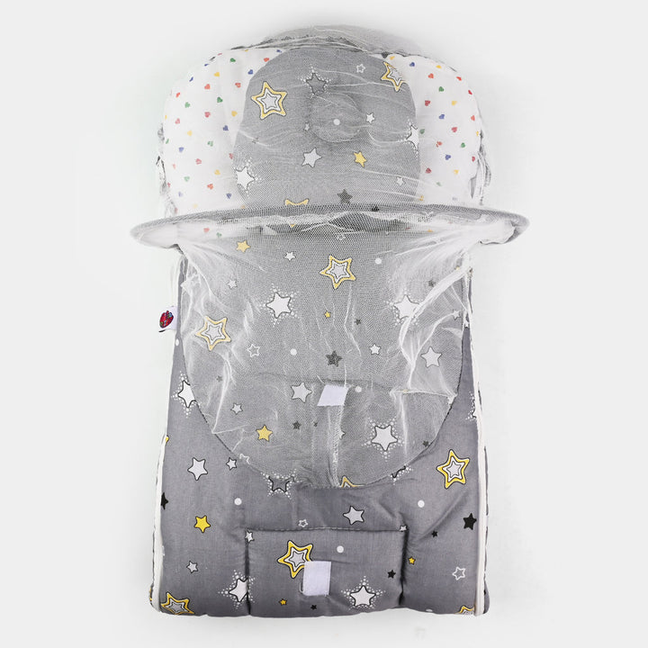 Baby Carry Nest with Pillow & Mosquito Net Grey – Soft Cotton Comfortable Newborn Sleeping Nest in Pakistan