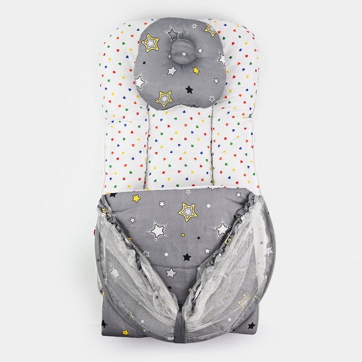 Baby Carry Nest with Pillow & Mosquito Net Grey – Soft Cotton Comfortable Newborn Sleeping Nest in Pakistan