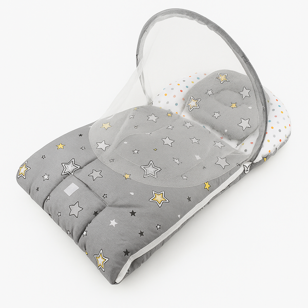 Baby Carry Nest with Pillow & Mosquito Net Grey – Soft Cotton Comfortable Newborn Sleeping Nest in Pakistan