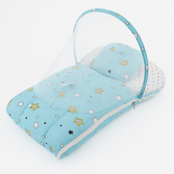 Baby Carry Nest with Pillow & Mosquito Net Sky Blue – Soft Cotton Comfortable Newborn Sleeping Nest in Pakistan