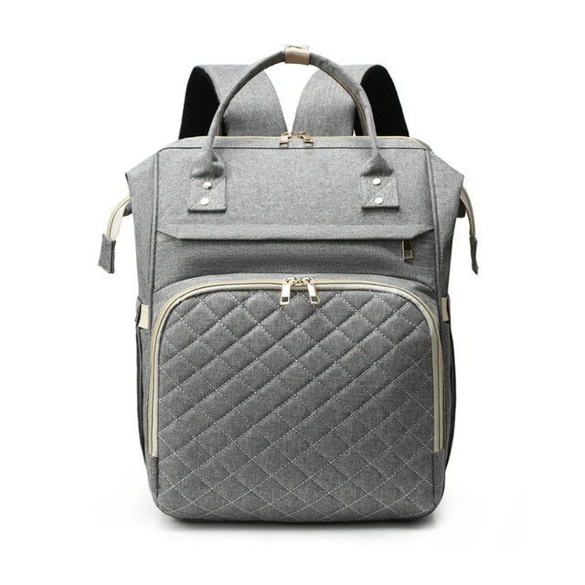 Spacious waterproof diaper bag with thermal bottle pockets, USB port, and stroller straps. Stylish, unisex design for parents on the go.