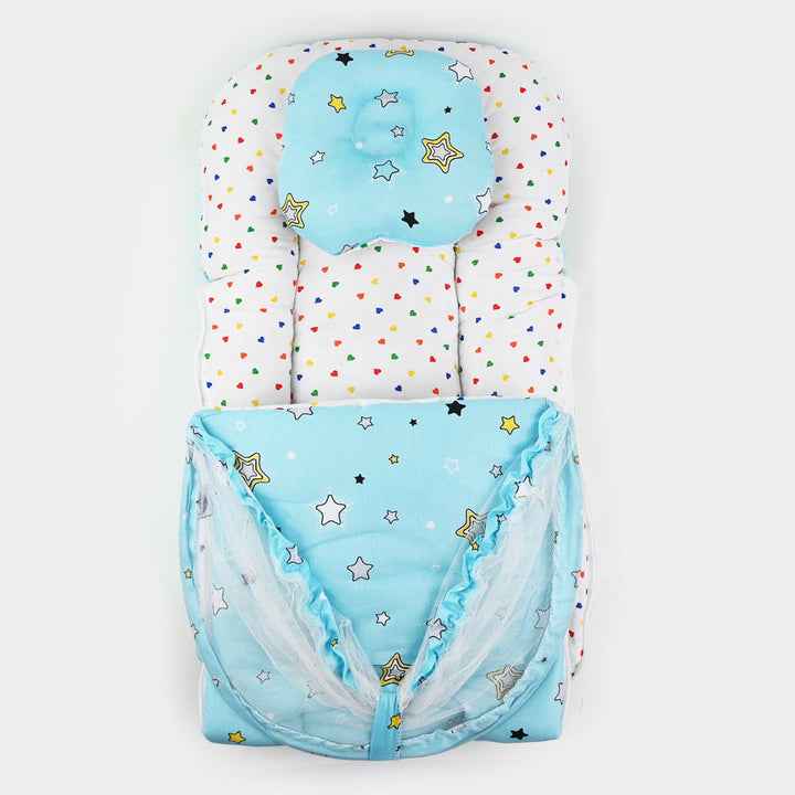 Baby Carry Nest with Pillow & Mosquito Net Sky Blue – Soft Cotton Comfortable Newborn Sleeping Nest in Pakistan